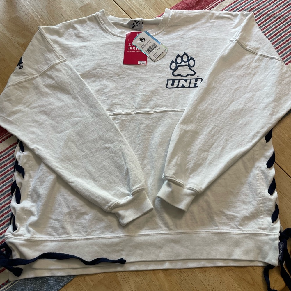 White UNH Light weight sweatshirt with Navy side- tie accents